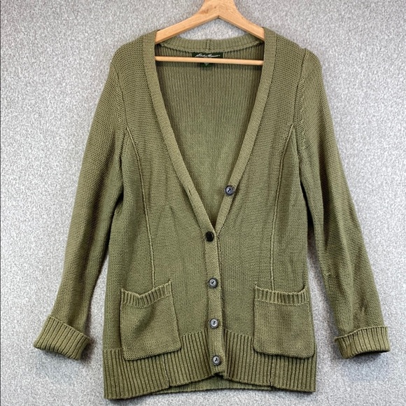 Eddie Bauer cardigan M chunky buttons grandpacore casual olive green cozy soft - Picture 1 of 10
